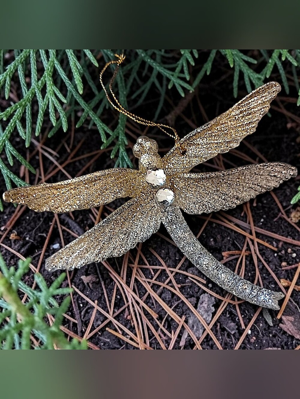 Vintage Glittery Dragonfly Ornament Gold Silver Rhinestone Christmas Tree Decor
